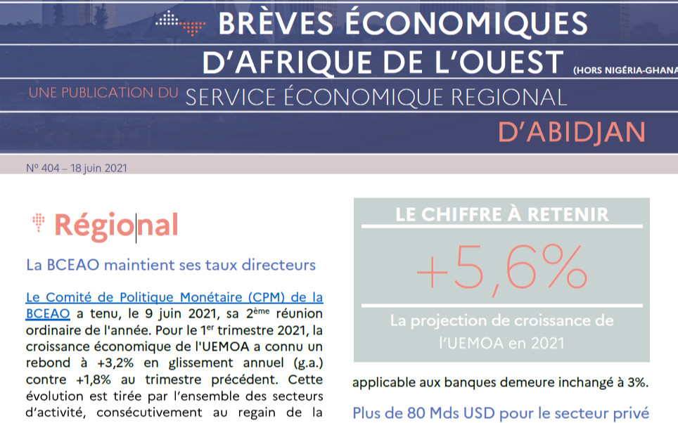 Brèves économiques régionales d’Afrique de l’Ouest (hors Nigéria-Ghana) n°404