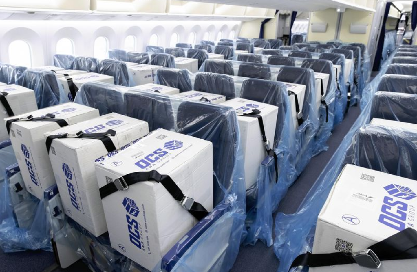Transport de fournitures médicales sur un vol ANA - colis attachés sur les sièges