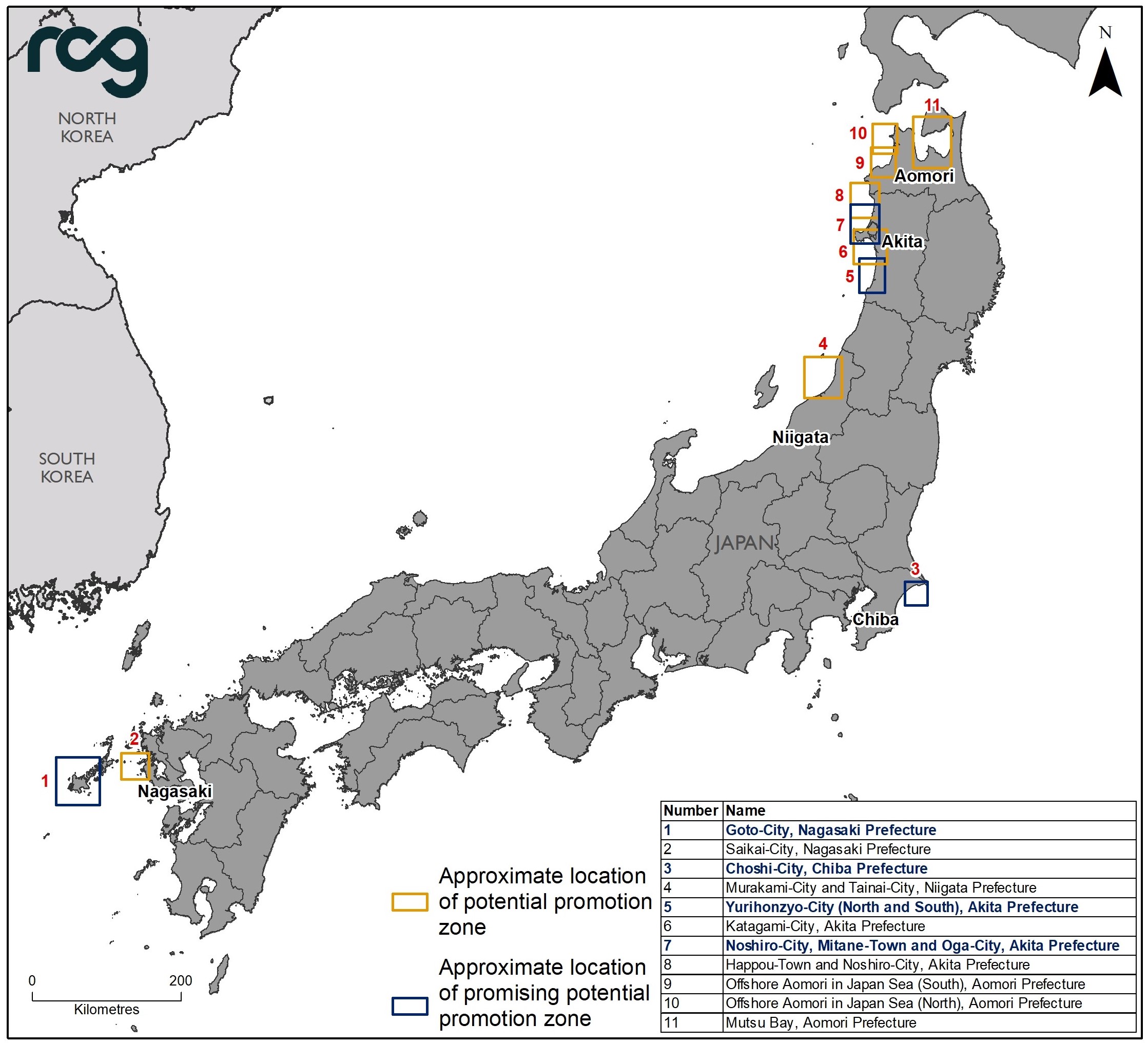 Zones d'intérêt et zones prioritaires - Source : RCG Consulting à partir des données METI-MLIT