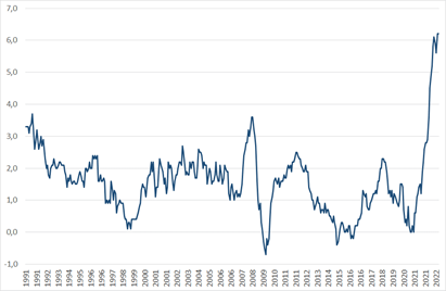 Figure 1. Year-on-year change in the consumer price index in France, 1991-2022, in %