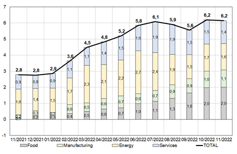 Figure 2. Contributions to year-on-year consumer price inflation in France, 2021-2022