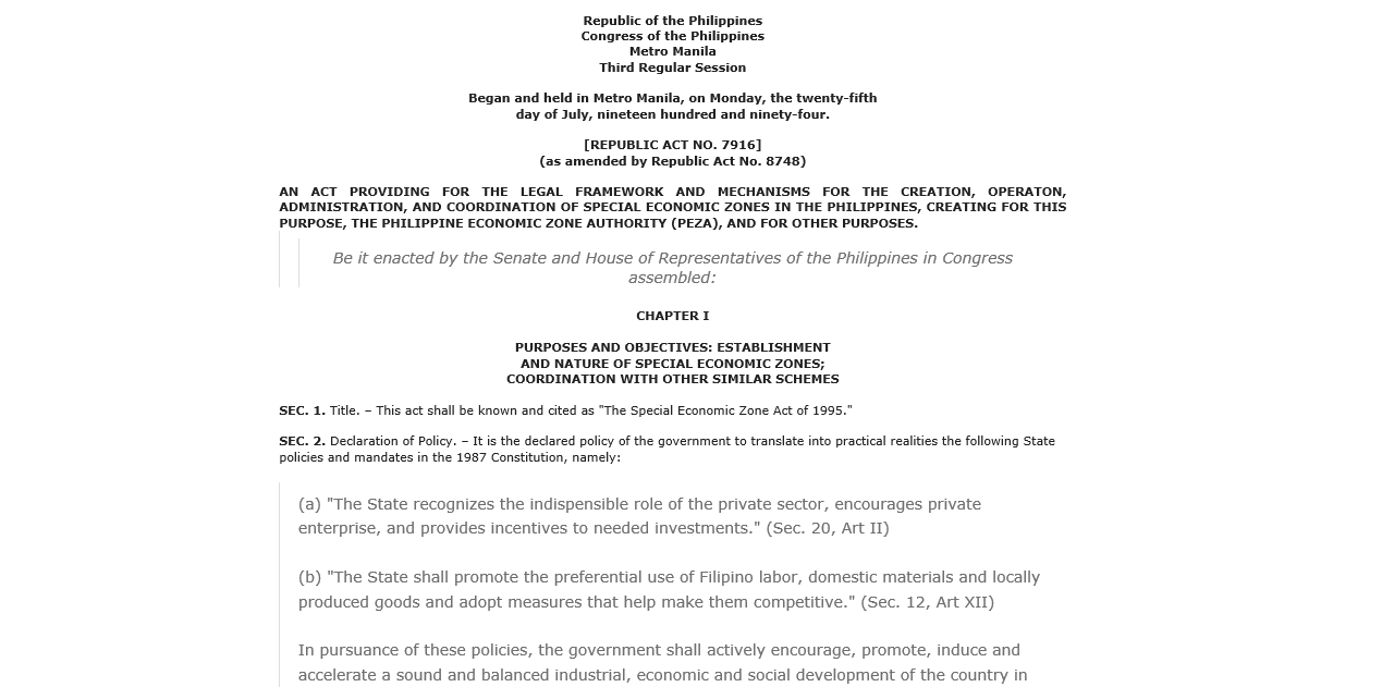 The Special Economic Zone Act of 1995