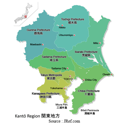 Positionnement de la région du Kanto au sens usuel