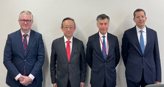 M. Tanaka Shigeaki Secrétaire Général de l’IP Strategy Headquarters au sein du Cabinet Office, Pascal Faure DG INPI, Christophe Grignon SER Tokyo et François Xavier de Beaufort  INPI