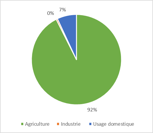 Répartition de l’usage de la ressource en eau par secteur au Éthiopie (Source : FAO, 2017)