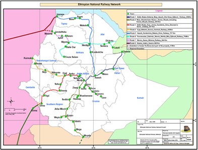 Carte prévisionnelle des futures lignes de chemin de fer - Ethiopian Railways corporation (ERC)