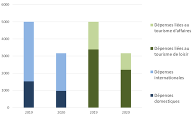 Typologie des dépenses touristique en Ethiopie (en MUSD, 2019-2020) – Source : WTTC